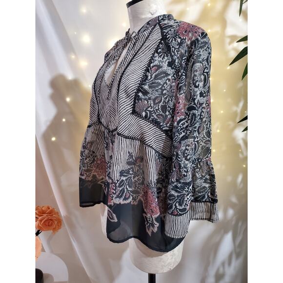 Lucky Brand Floral Sheer Stripe 3/4 Bell Sleeve Tie Peasant Blouse Size L Boho - Picture 4 of 9